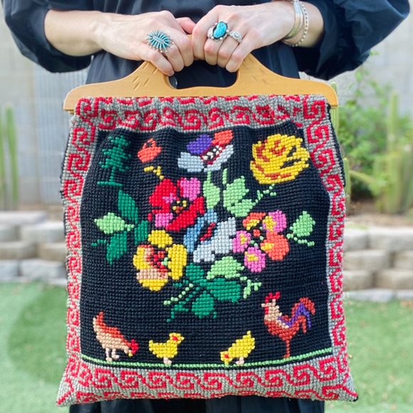 Vintage Handbags - * SOLD * Psychedelic Cottage Core Vintage Needlepoint Knitting Bag/Purse